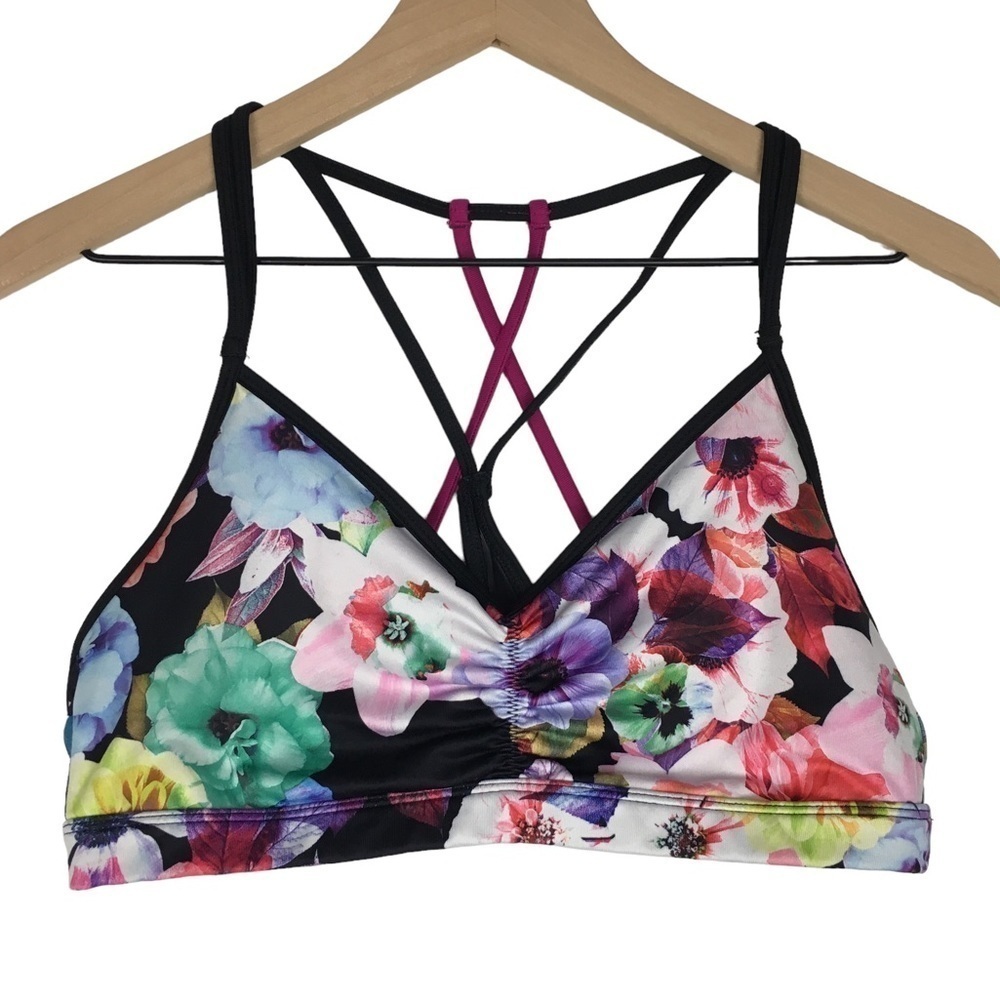 OLD NAVY Active Go-Dry Sports Bra Light Support Floral Strappy Ruched Size Large